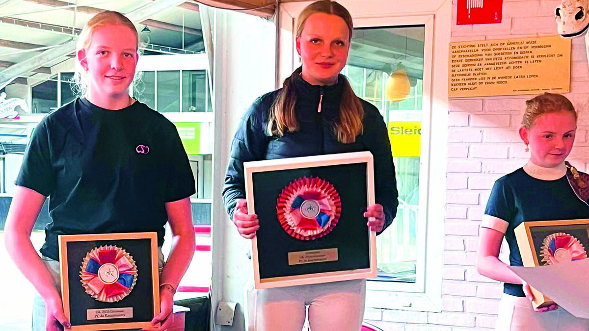 dressuur pony’s met Melle Johannink op 1, Tess Groener op 2 en Fleur Koop op 3.